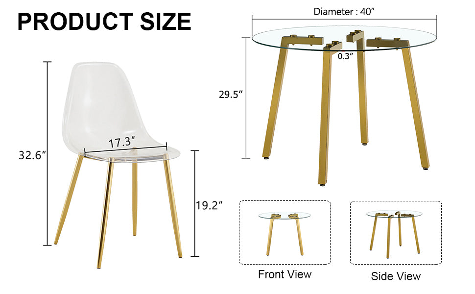 Table and chair set.Modern Luxurious Round Tempered Glass Dining Table Set-40*40 inch with 6 Transparent Plastic Dining Chair with Gold Metal Legs.Bring a comfortable home experience to the kitchen.