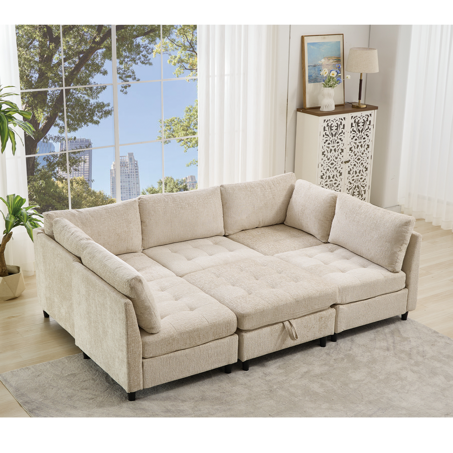 [NEW ARRIVED] [VIDEO PROVIDED]   Modular Sectional Couch with Storage Ottoman, U Shaped Sofa, Storage Ottoman,Minimalist ,Convertible Modular Sofa,Chenille ,Upholstered,6 Seat,Living Room,  Beige