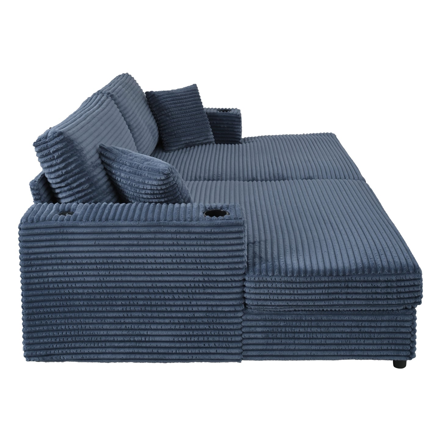 86.5" Oversized Loveseat Chaise Lounge Sectional Sofa Bed Corduroy Sleeper Sofa with Two USB Ports , Two Cup Holders and Two Throw Pillows for Living Room and Bedroom, Blue