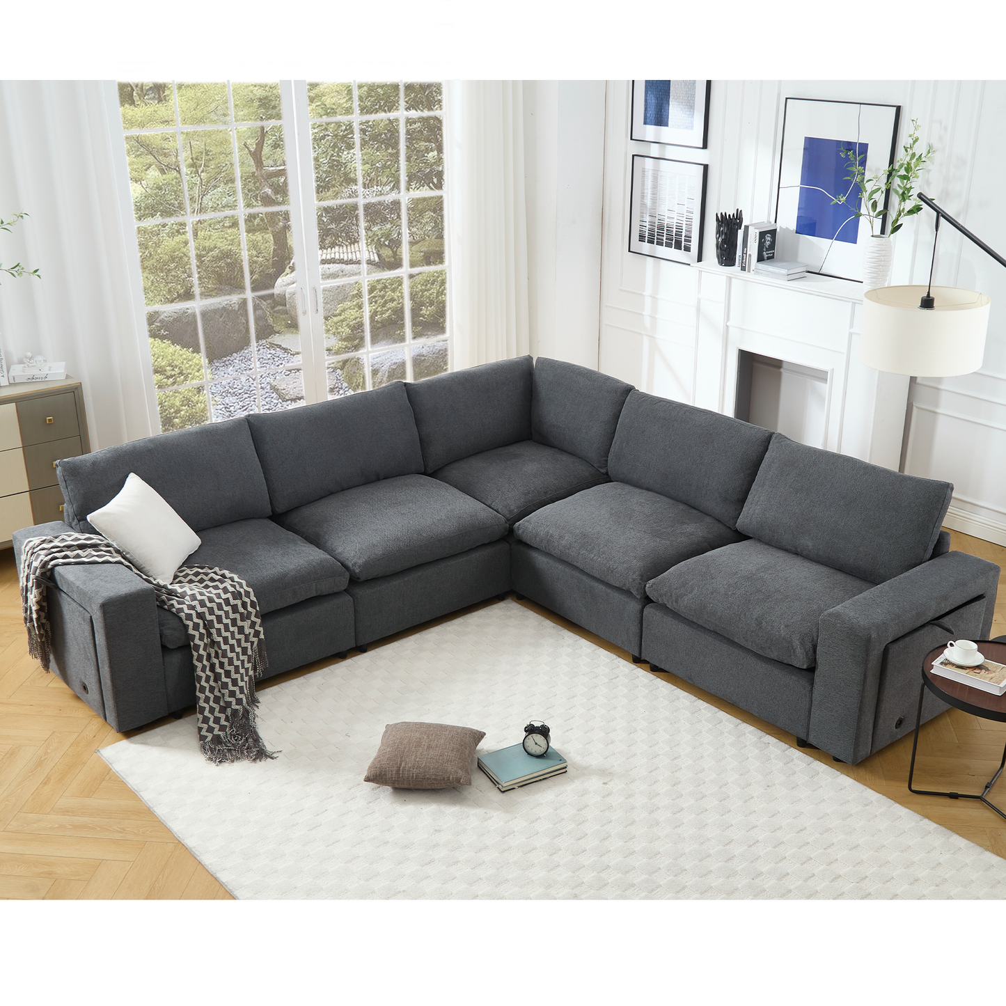 [NEW ARRIVED] [VIDEO PROVIDED]Sectional Couches For Living Room,Modular Couch,Wireless Charging Port & Cup Holders,5-seat ,DIY Combination,L-shaped Sofa,Book Storage Space,Soft Linen Fabric,Gray