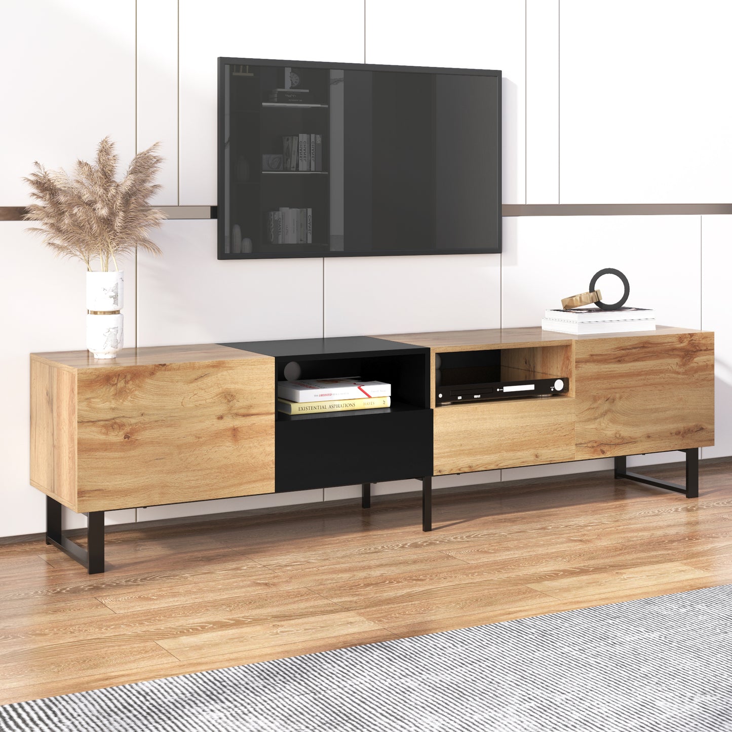 Modern TV Stand with 2 Cabinets& Open Storage Compartment, Color-matching Media Console Table for TVs up to 85'', Entertainment Center with Drop Down Door for Living Room, Bedroom, Home Theatre