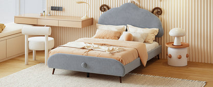 Full Size Upholstered Platform Bed with Sheep-Shaped Headboard, Gray