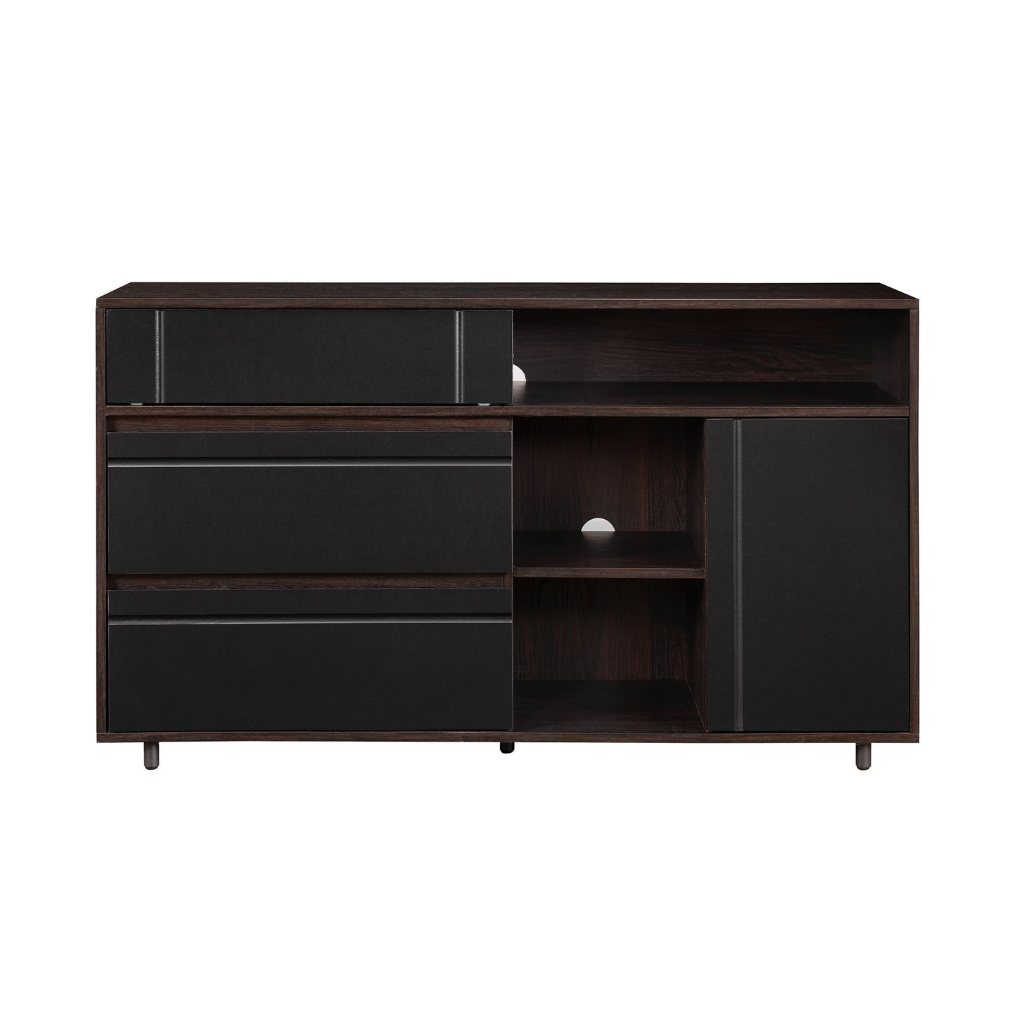 Contemporary Detailed-Door Sideboard with Open Storage – Dark Espresso / Solid Black