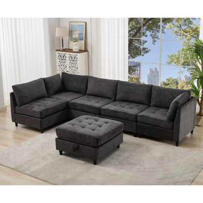 [NEW ARRIVED] [VIDEO PROVIDED]   Modular Sectional Couch with Storage Ottoman, U Shaped Sofa, Storage Ottoman,Minimalist ,Convertible Modular Sofa,Chenille ,Upholstered,6 Seat,Living Room,  Dark  Gray