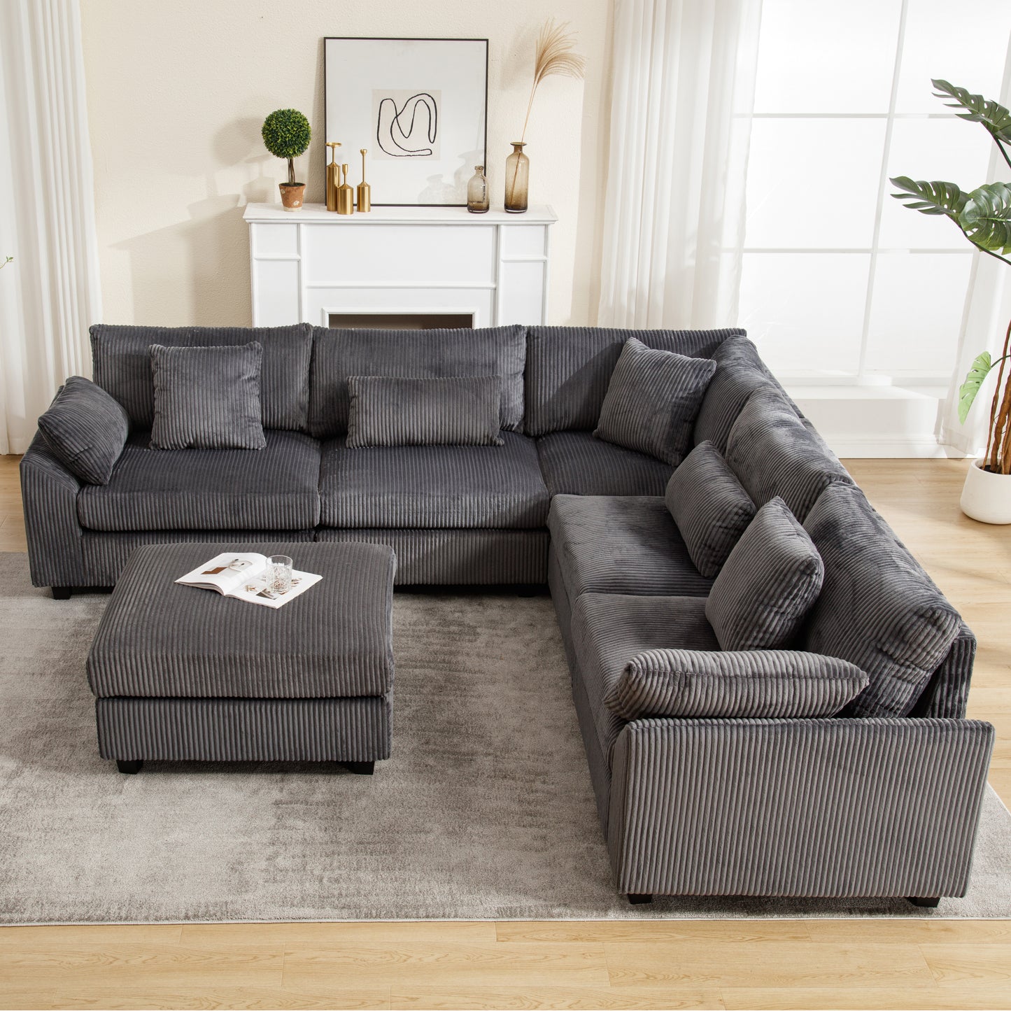 {NEW ARRIVAL} {VIDEO provided} Oversized Modular Sectional Sofa Couches Set,Corduroy Upholstered Deep Seat Comfy Sofa for Living Room,Dark Gray