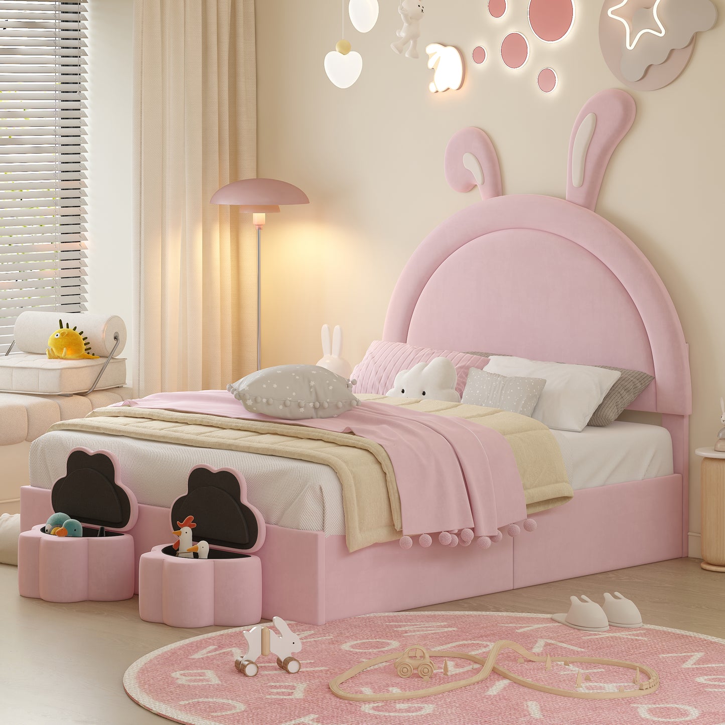 Full size Upholstered Rabbit-Shape Bed with 2 Storage Stools, Velvet Platform Bed with Cartoon Ears Shaped Headboard, Pink