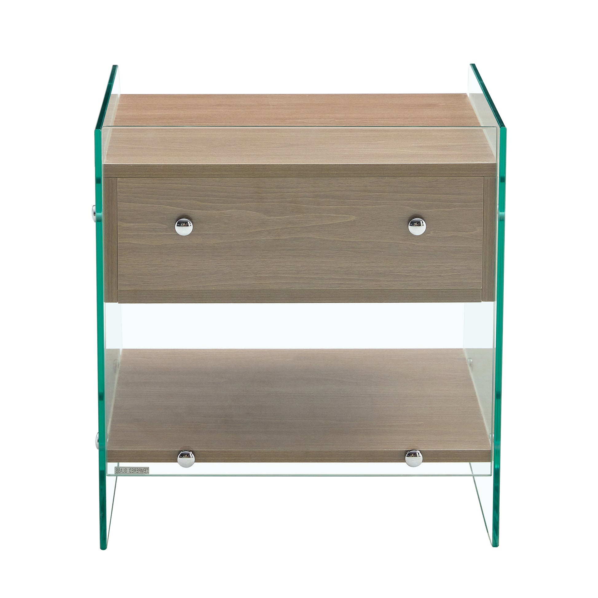 Bedside table with drawers. The board surface is MDF sticker, and both sides are transparent tempered glass. The design is simple and elegant, with excellent storage functions.