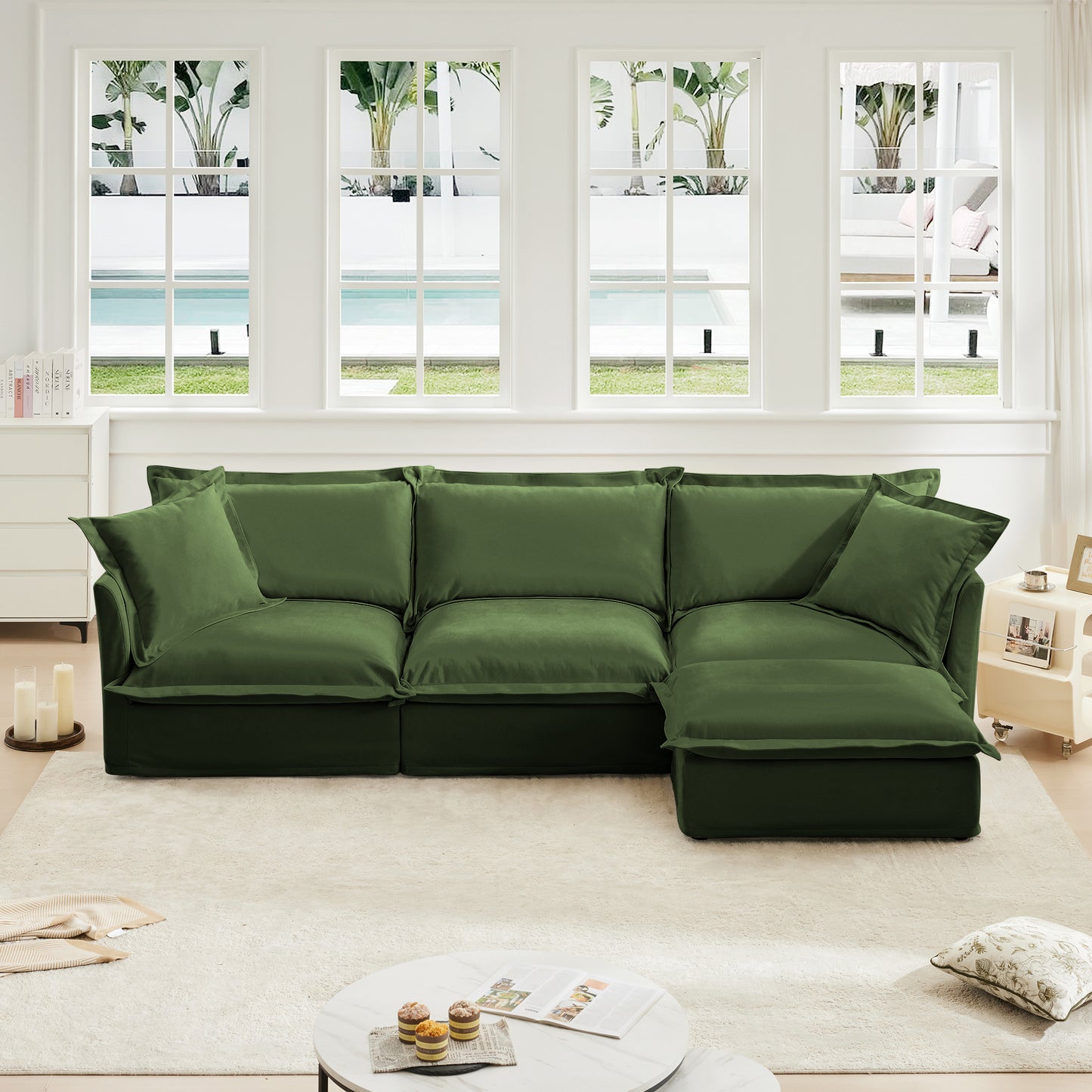 L-Shaped Slipcovered Sectional Sofa Couch, Comfy Chenille Deep Seat Cloud Couch with Convertible Ottoman & 2 Big Pillows, Modern Oversized 3 Seater Slipcovered Sofa Set for Living Room Office, Green