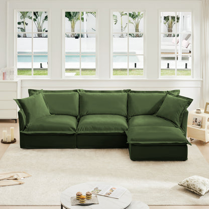 L-Shaped Slipcovered Sectional Sofa Couch, Comfy Chenille Deep Seat Cloud Couch with Convertible Ottoman & 2 Big Pillows, Modern Oversized 3 Seater Slipcovered Sofa Set for Living Room Office, Green