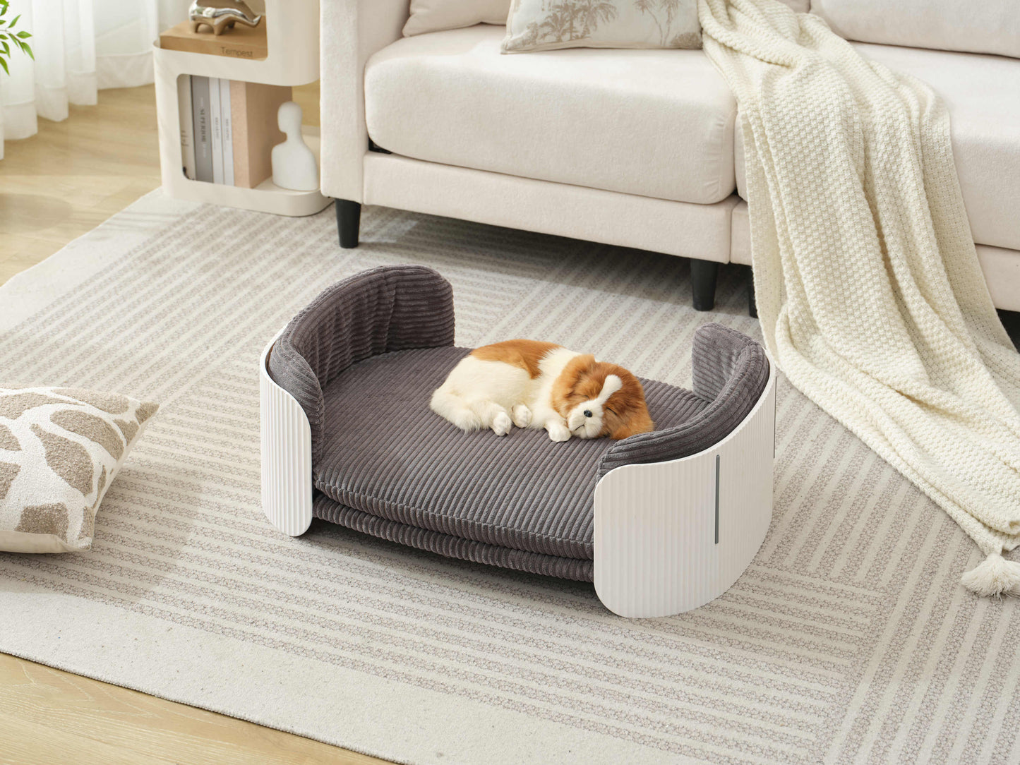 Scandinavian style Cat Couch Bed, Pet Sofa for Indoor Cats PP Indoor Pet Furniture Elevated Cat Beds with Removable Mattress Cover Suitable for Kitty, Puppy or Small Animal  Brand Design  White Grey