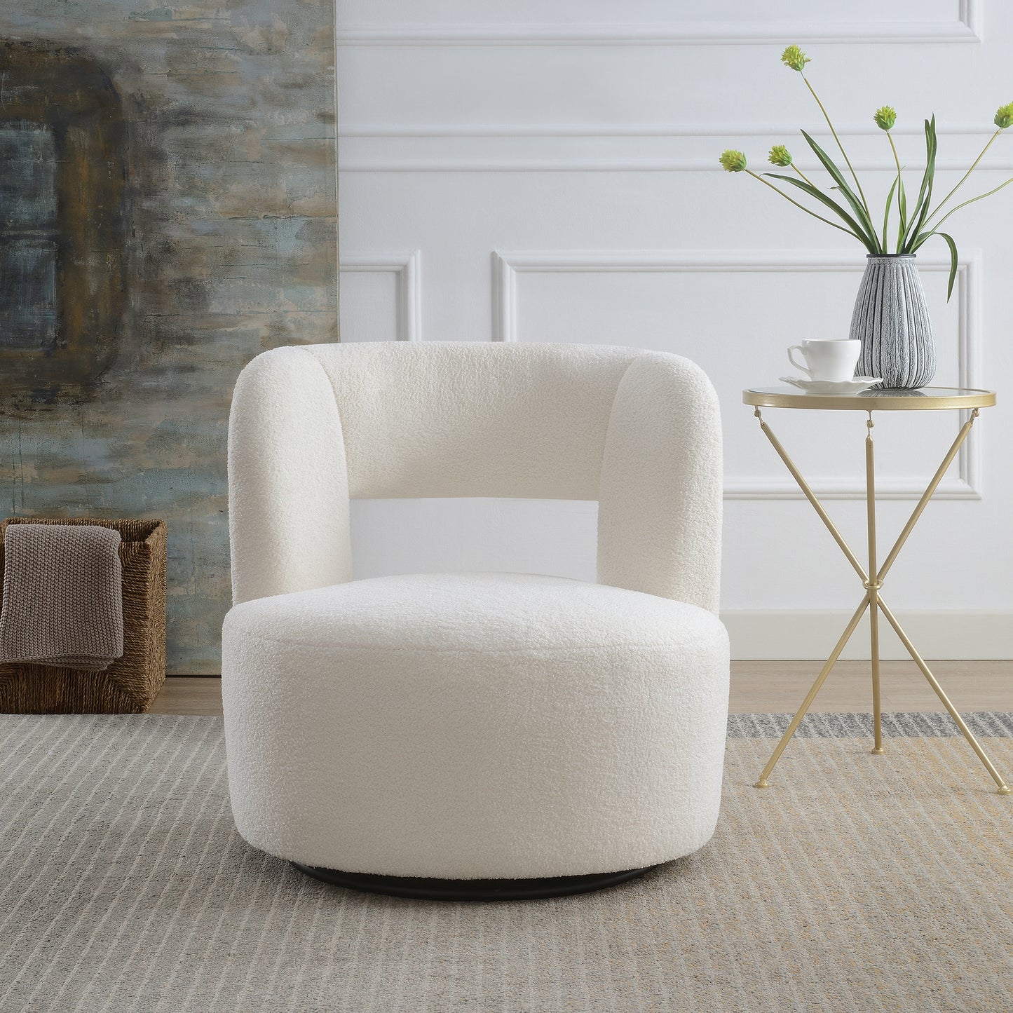 Swivel Barrel Chair with Soft Teddy Fabric, Comfy Round Accent Chair for Living Room.Upholstered Performance Fabric for Living Room Bedroom Reading Waitingroom,1 PC,Teddy Cream