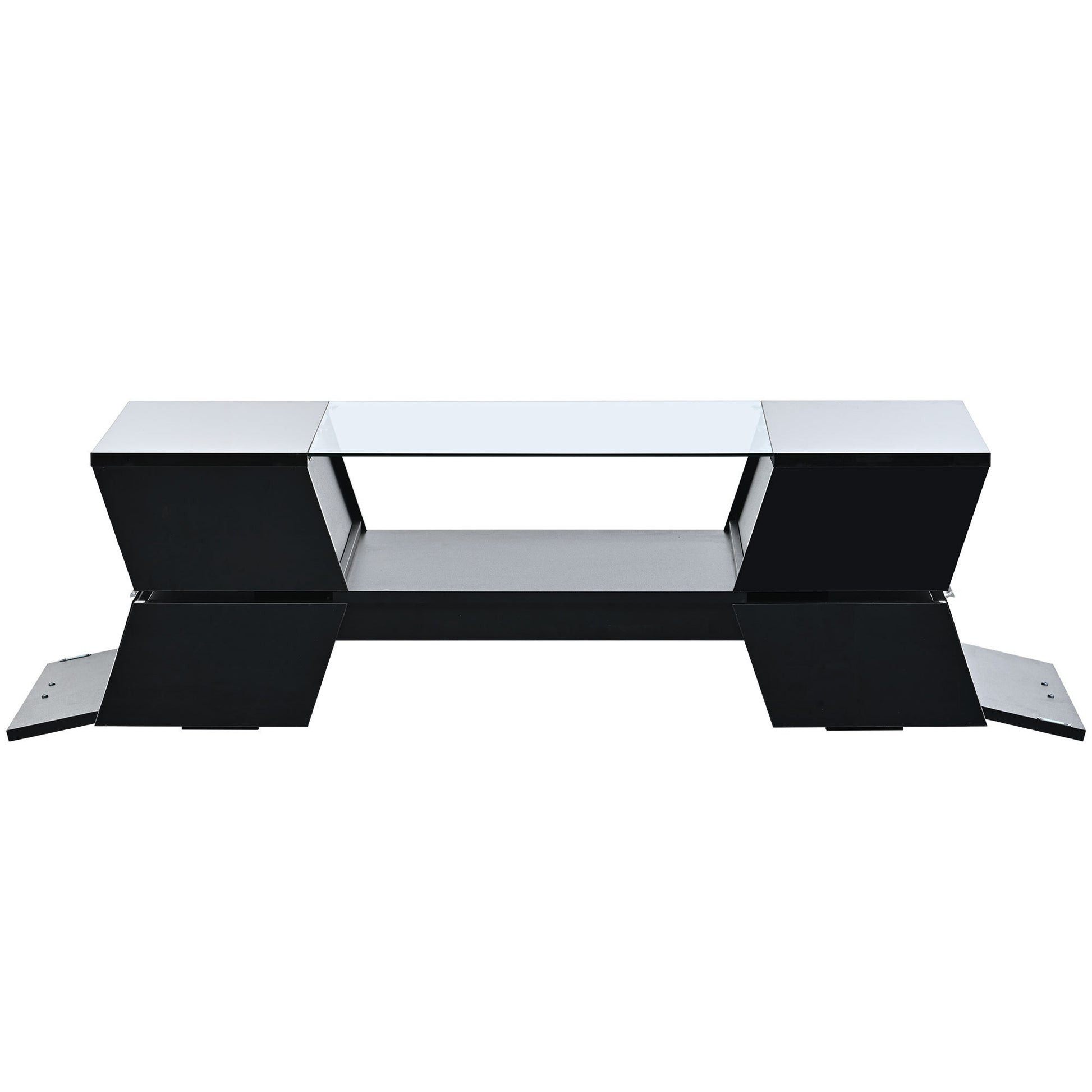 ON-TREND 6mm Glass-Top Coffee Table with Open Shelves and Cabinets, Geometric Style Cocktail Table with Great Storage Capacity, Modernist 2-Tier Center Table for Living Room, Black