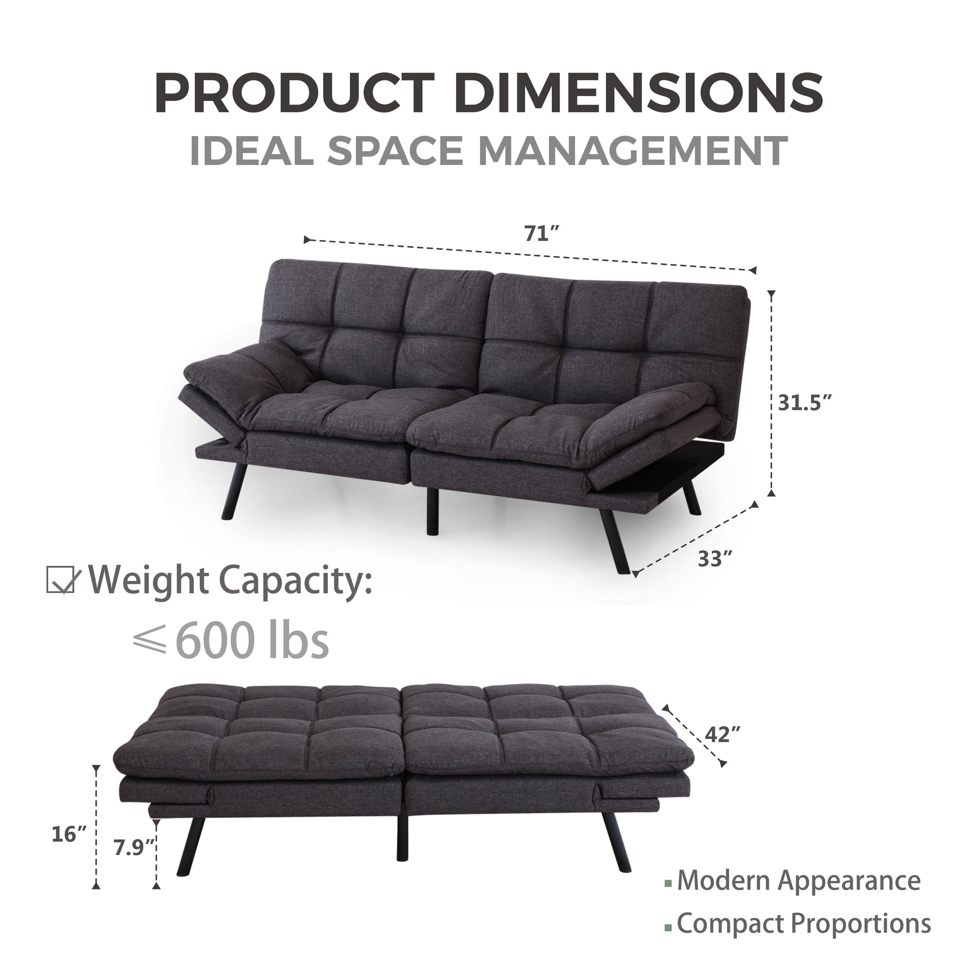 Convertible Memory Foam Futon Couch Bed, Modern Folding Sleeper Sofa-SF267FADGY