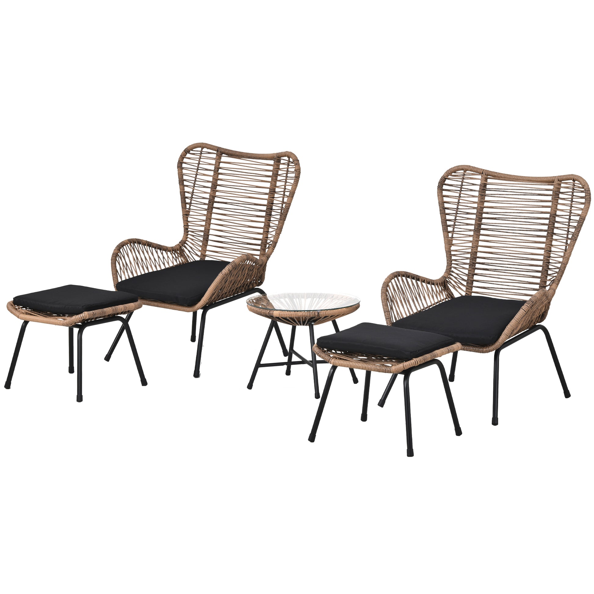 TOPMAX Outdoor Patio 5-Piece Rattan Conversation Set, PE Wicker Arm Chairs with Stools and Tempered Glass Tea Table for Balcony, Natural Rattan+Dark Gray