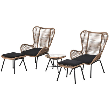 TOPMAX Outdoor Patio 5-Piece Rattan Conversation Set, PE Wicker Arm Chairs with Stools and Tempered Glass Tea Table for Balcony, Natural Rattan+Dark Gray