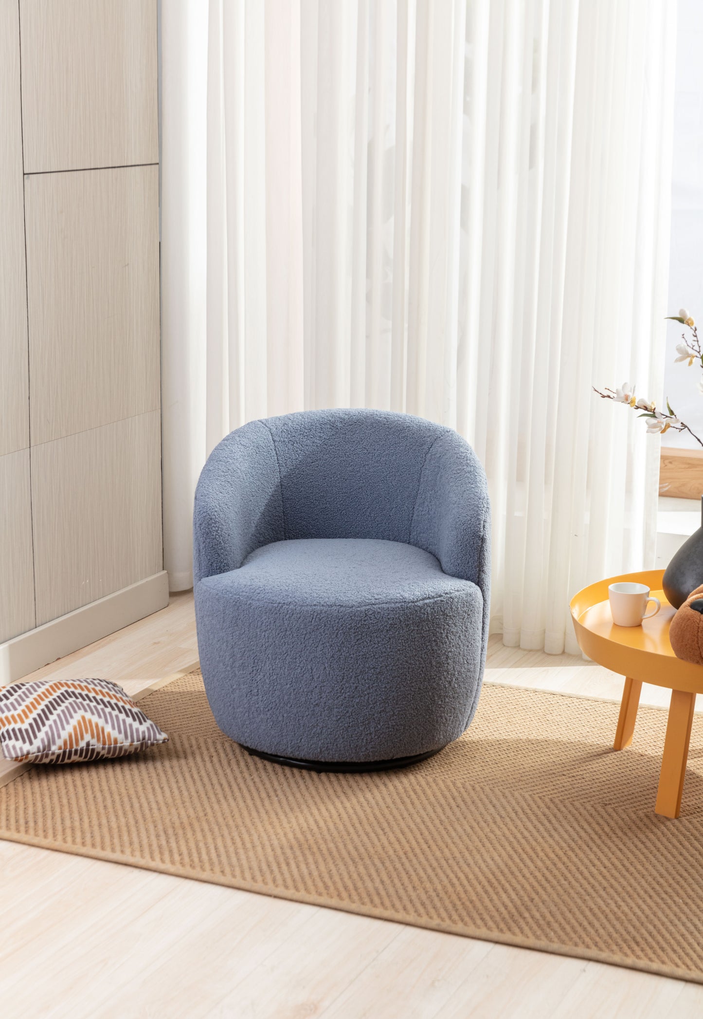 Teddy Fabric Swivel Accent Armchair Barrel Chair With Black Powder Coating Metal Ring,Light Blue