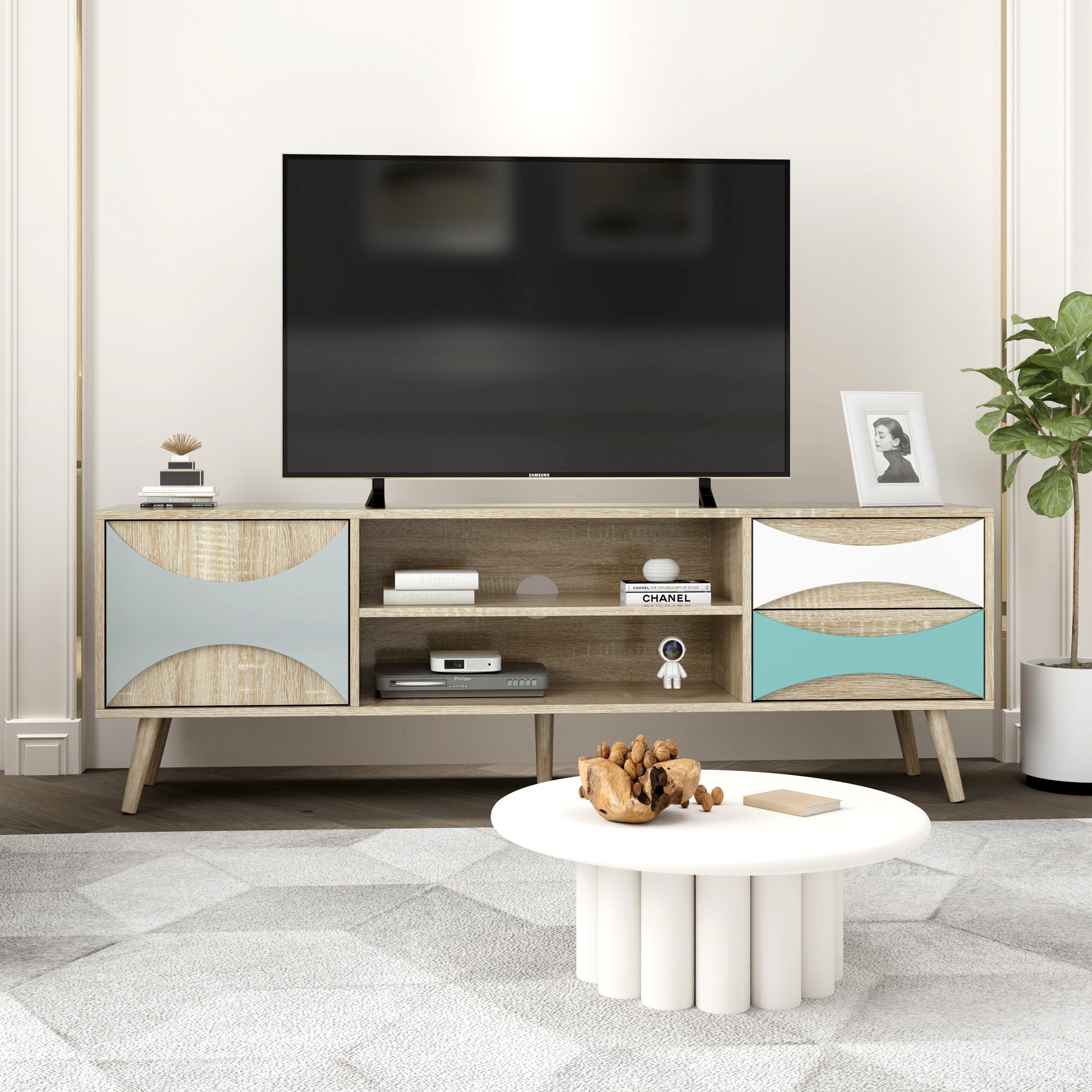 TV Stand with Storage Cabinet and Shelves, TV Console Table for Living Room