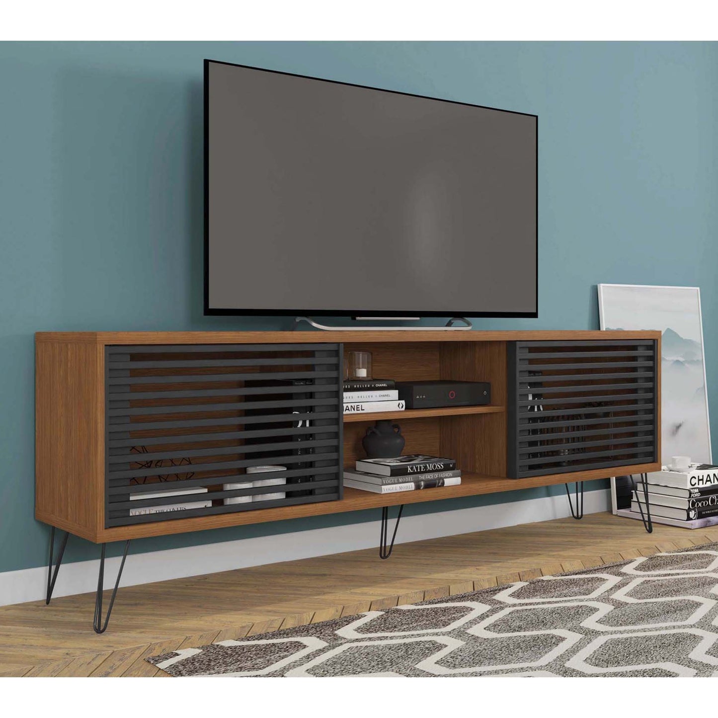 Arthur 71 Inch Handcrafted Wood TV Media Entertainment Console, Modern Slatted Doors, Single Shelf, Walnut Brown, Black