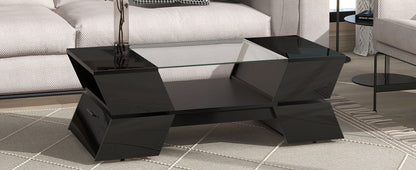 ON-TREND 6mm Glass-Top Coffee Table with Open Shelves and Cabinets, Geometric Style Cocktail Table with Great Storage Capacity, Modernist 2-Tier Center Table for Living Room, Black