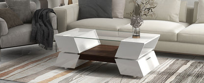 ON-TREND 6mm Glass-Top Coffee Table with Open Shelves and Cabinets, Geometric Style Cocktail Table with Great Storage Capacity, Modernist 2-Tier Center Table for Living Room, White