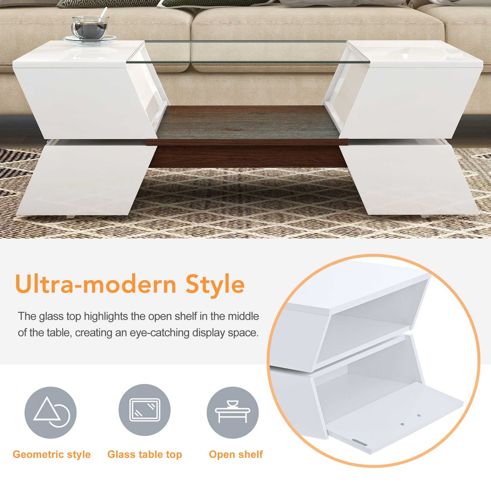 ON-TREND 6mm Glass-Top Coffee Table with Open Shelves and Cabinets, Geometric Style Cocktail Table with Great Storage Capacity, Modernist 2-Tier Center Table for Living Room, White