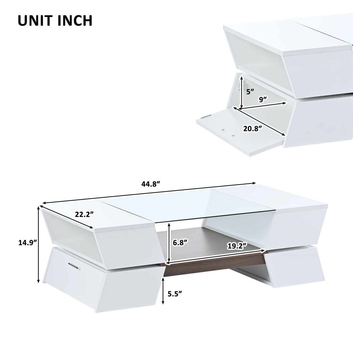 ON-TREND 6mm Glass-Top Coffee Table with Open Shelves and Cabinets, Geometric Style Cocktail Table with Great Storage Capacity, Modernist 2-Tier Center Table for Living Room, White