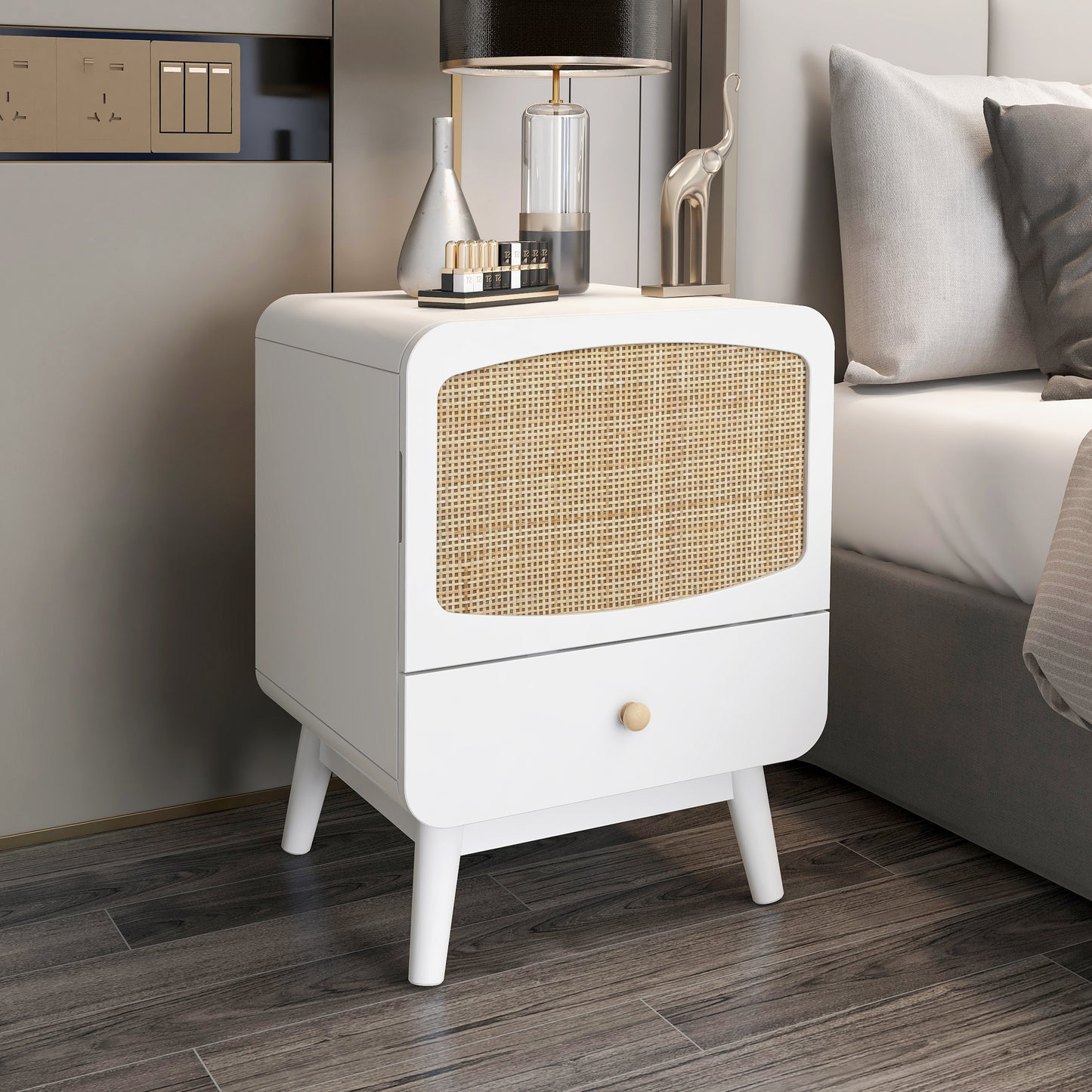 White Nightstand,  Bedside Table with Storage Drawe/ Rattan Door