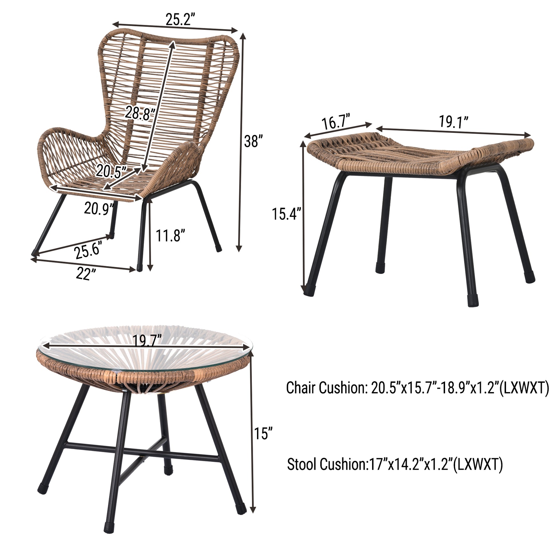 TOPMAX Outdoor Patio 5-Piece Rattan Conversation Set, PE Wicker Arm Chairs with Stools and Tempered Glass Tea Table for Balcony, Natural Rattan+Dark Gray