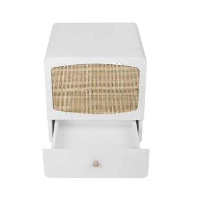 White Nightstand,  Bedside Table with Storage Drawe/ Rattan Door