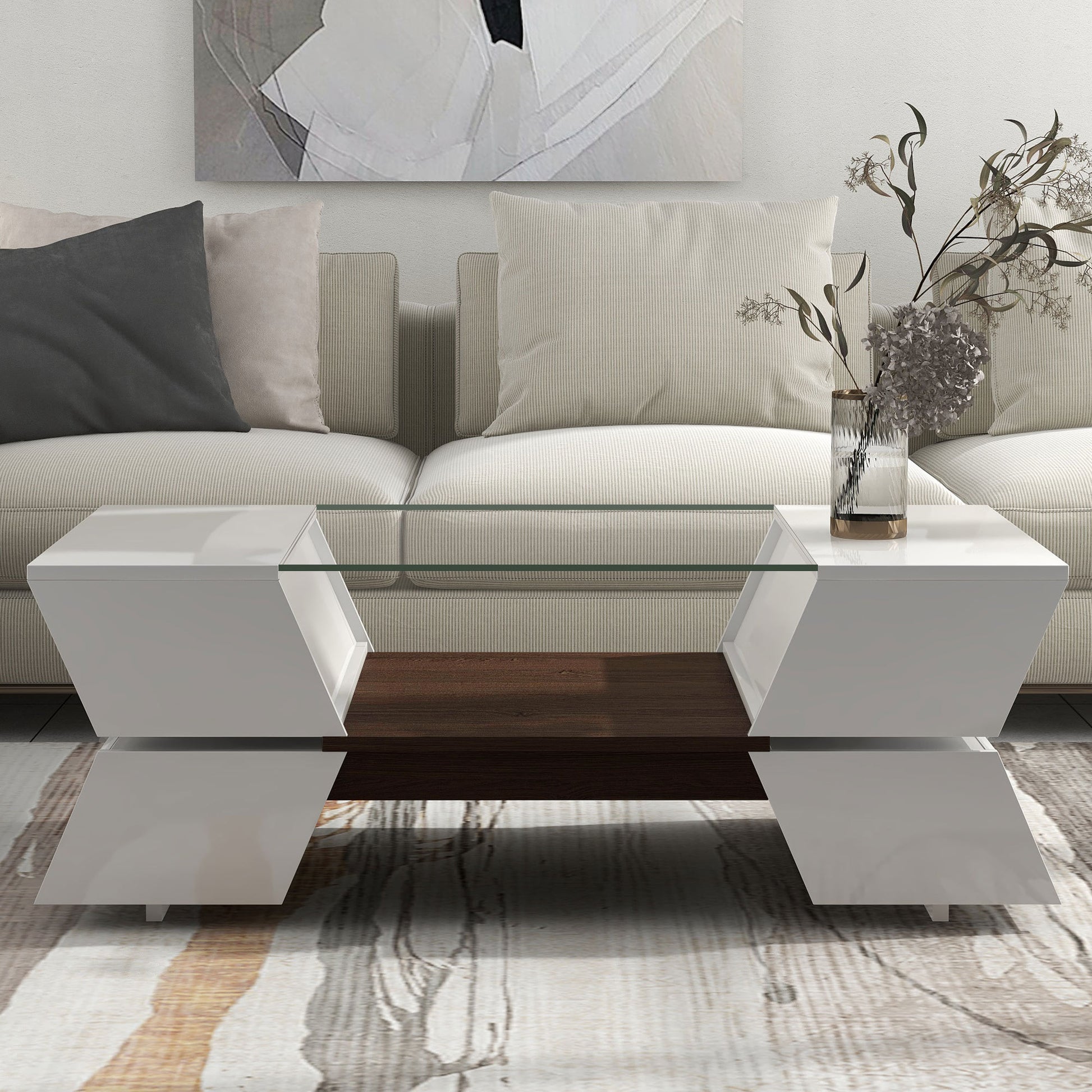 ON-TREND 6mm Glass-Top Coffee Table with Open Shelves and Cabinets, Geometric Style Cocktail Table with Great Storage Capacity, Modernist 2-Tier Center Table for Living Room, White