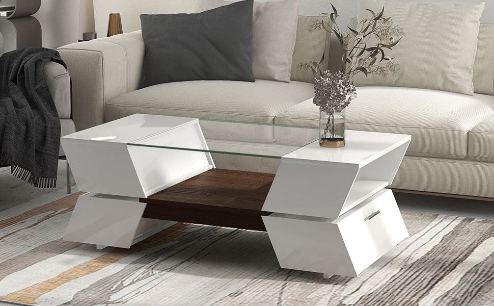 ON-TREND 6mm Glass-Top Coffee Table with Open Shelves and Cabinets, Geometric Style Cocktail Table with Great Storage Capacity, Modernist 2-Tier Center Table for Living Room, White