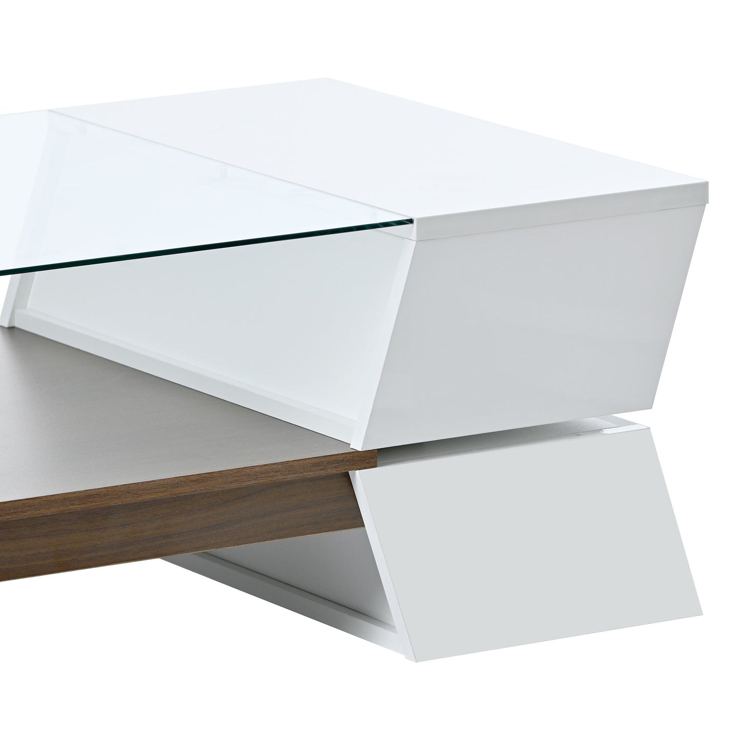 ON-TREND 6mm Glass-Top Coffee Table with Open Shelves and Cabinets, Geometric Style Cocktail Table with Great Storage Capacity, Modernist 2-Tier Center Table for Living Room, White