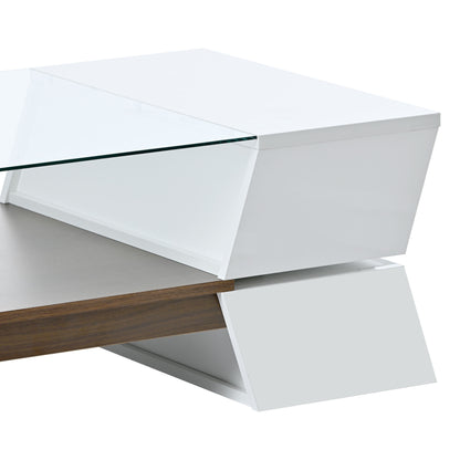 ON-TREND 6mm Glass-Top Coffee Table with Open Shelves and Cabinets, Geometric Style Cocktail Table with Great Storage Capacity, Modernist 2-Tier Center Table for Living Room, White