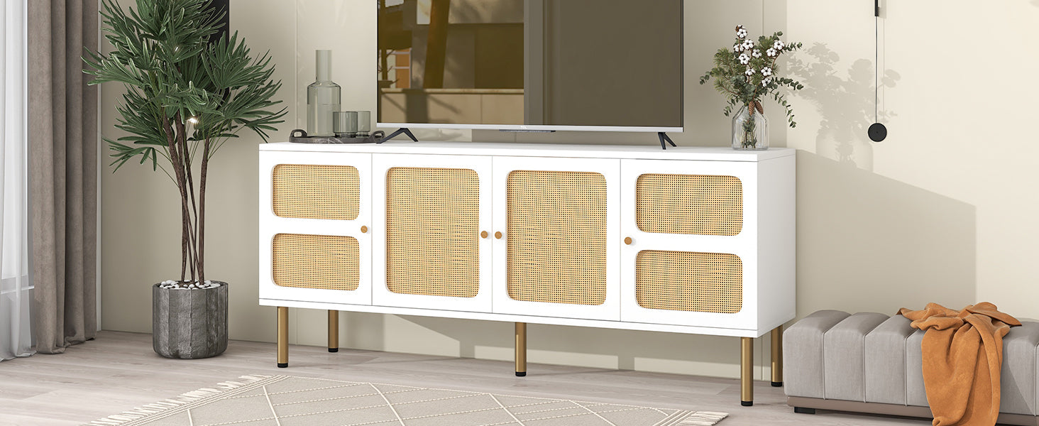 ON-TREND Boho style TV Stand with Rattan Door, Woven Media Console Table for TVs Up to 70'', Country Style Design Side Board with Gold Metal Base for Living Room, White.