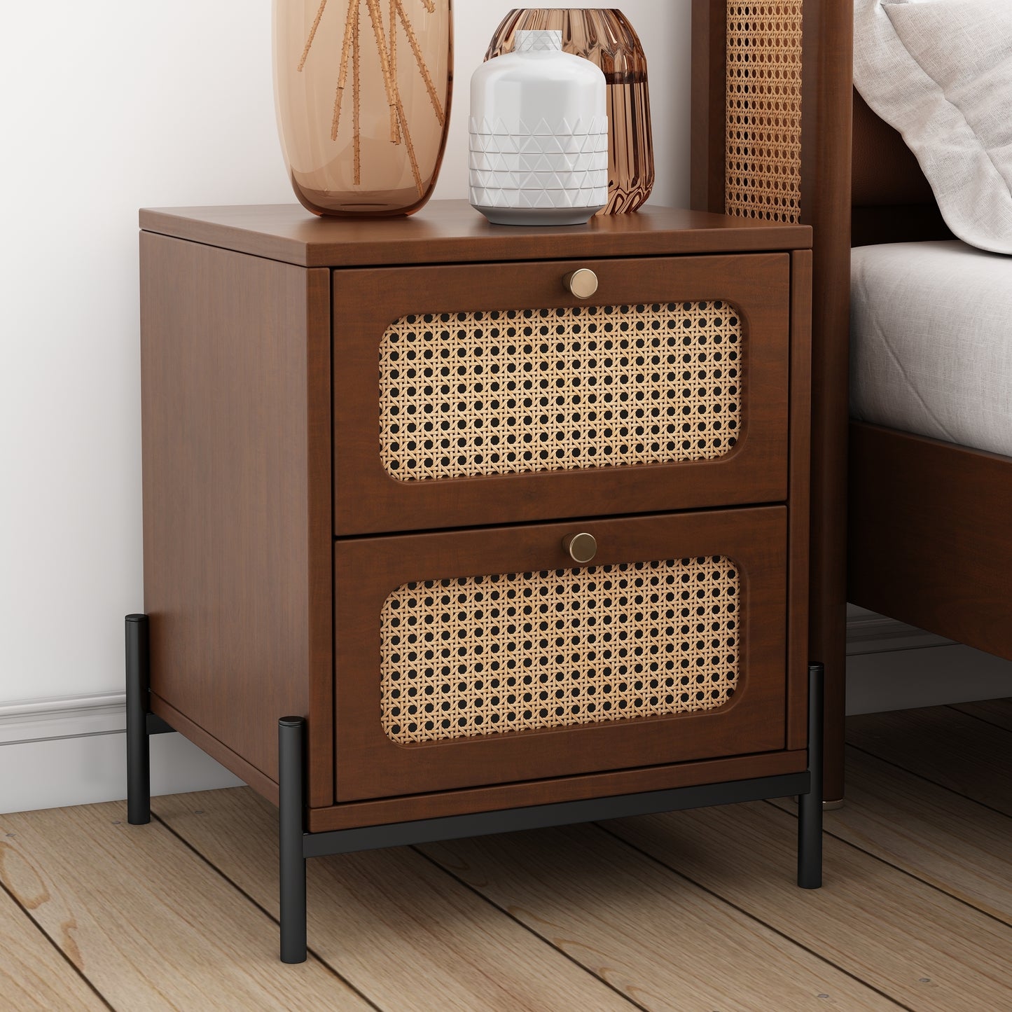 Yara Modern Cannage Rattan Wood Nightstand