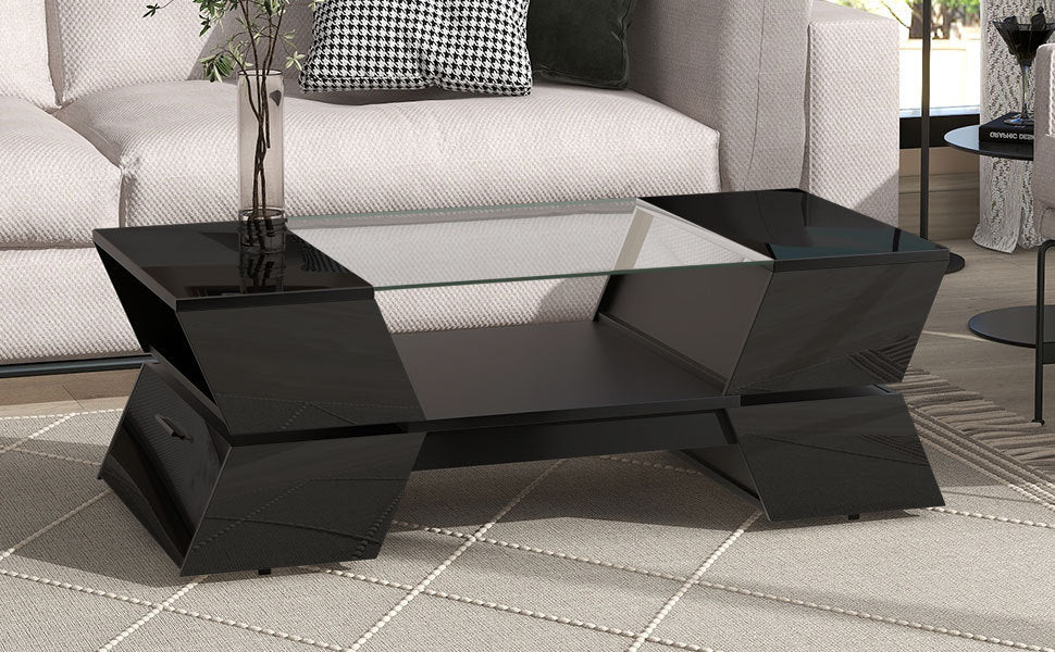 ON-TREND 6mm Glass-Top Coffee Table with Open Shelves and Cabinets, Geometric Style Cocktail Table with Great Storage Capacity, Modernist 2-Tier Center Table for Living Room, Black