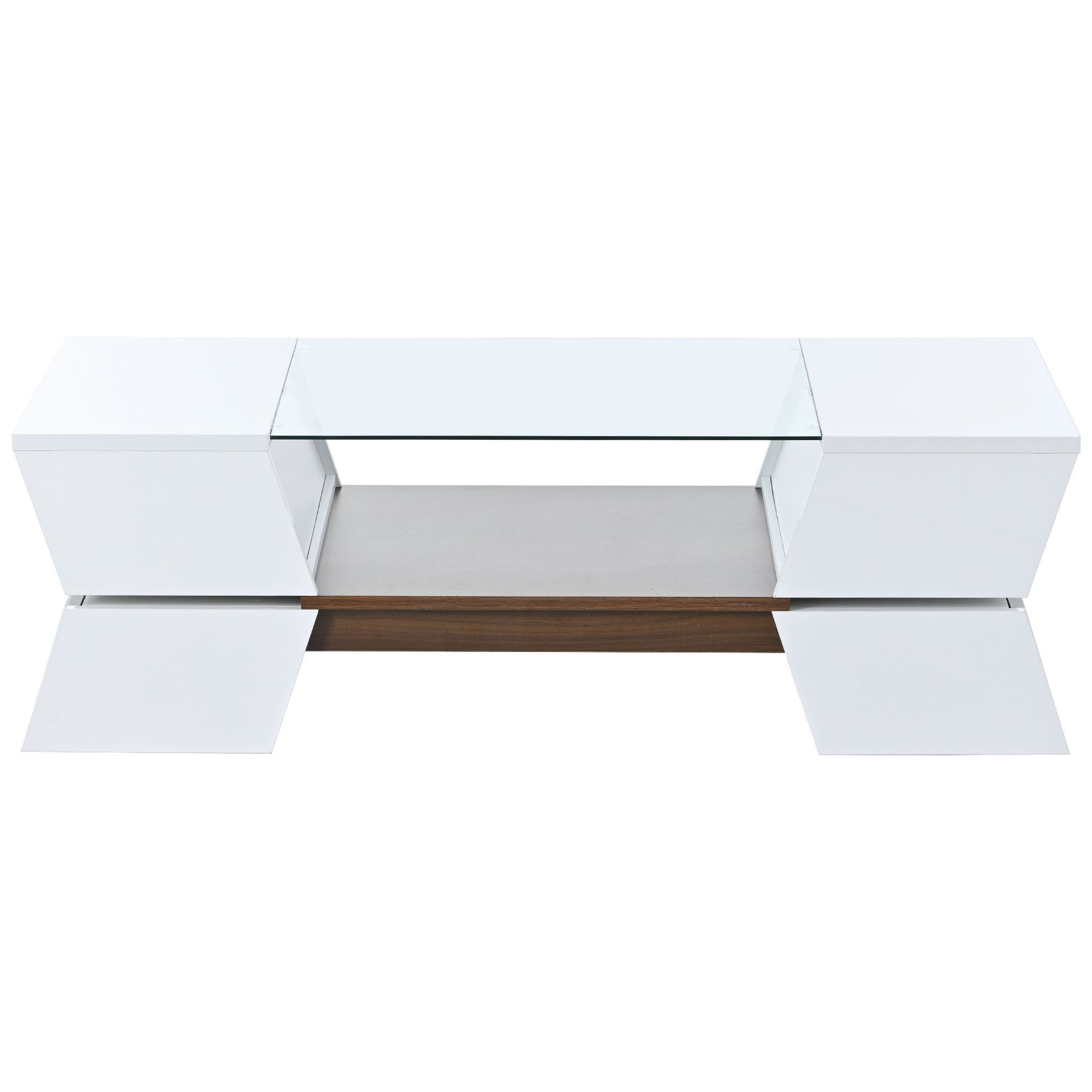 ON-TREND 6mm Glass-Top Coffee Table with Open Shelves and Cabinets, Geometric Style Cocktail Table with Great Storage Capacity, Modernist 2-Tier Center Table for Living Room, White