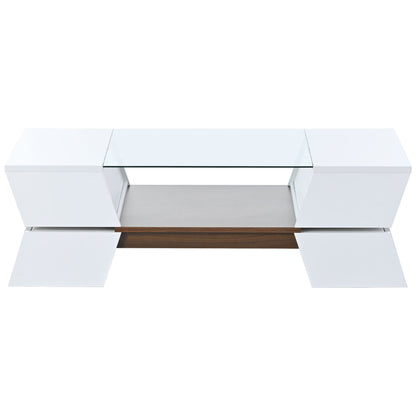 ON-TREND 6mm Glass-Top Coffee Table with Open Shelves and Cabinets, Geometric Style Cocktail Table with Great Storage Capacity, Modernist 2-Tier Center Table for Living Room, White