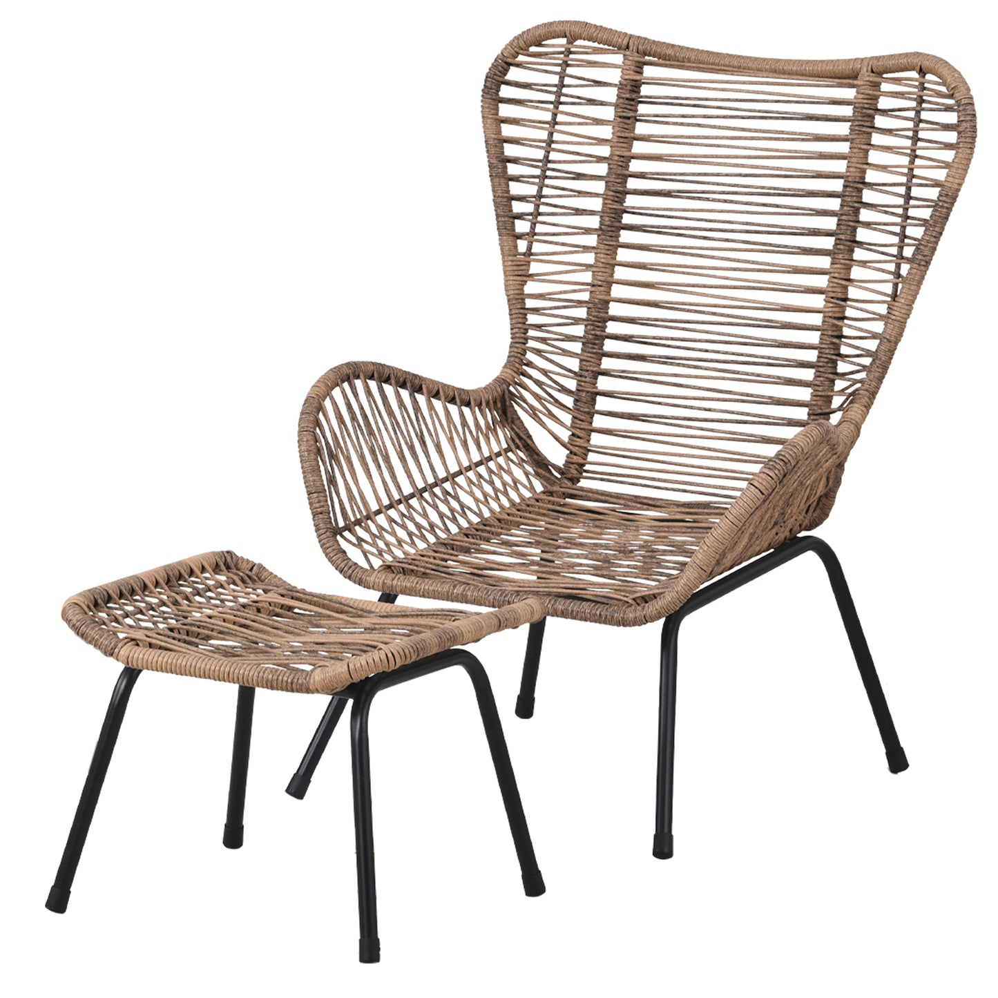 TOPMAX Outdoor Patio 5-Piece Rattan Conversation Set, PE Wicker Arm Chairs with Stools and Tempered Glass Tea Table for Balcony, Natural Rattan+Dark Gray