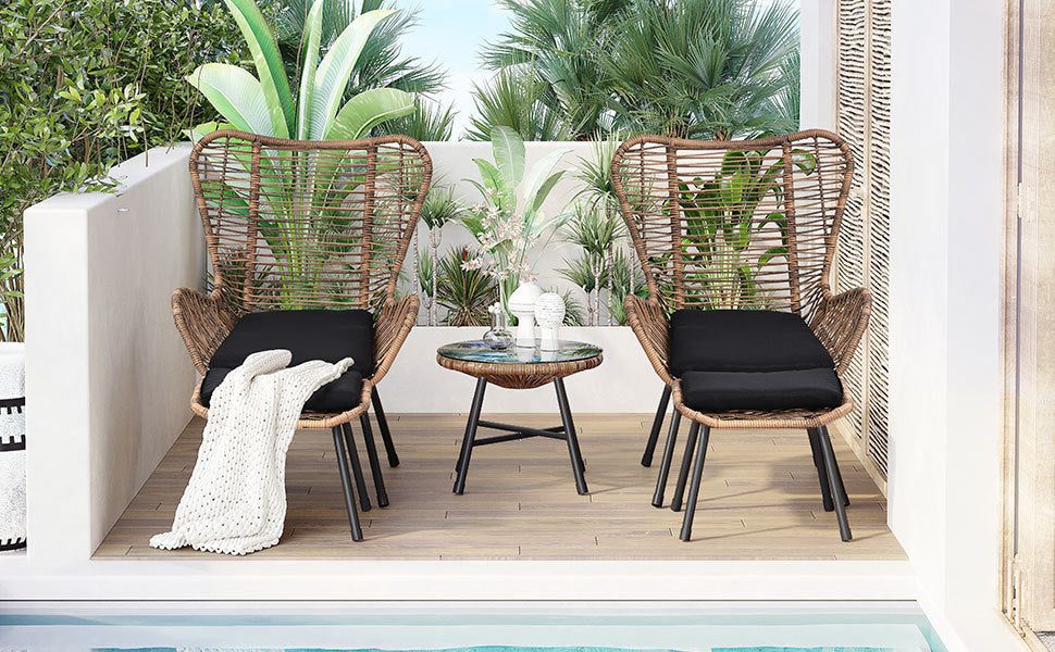 TOPMAX Outdoor Patio 5-Piece Rattan Conversation Set, PE Wicker Arm Chairs with Stools and Tempered Glass Tea Table for Balcony, Natural Rattan+Dark Gray