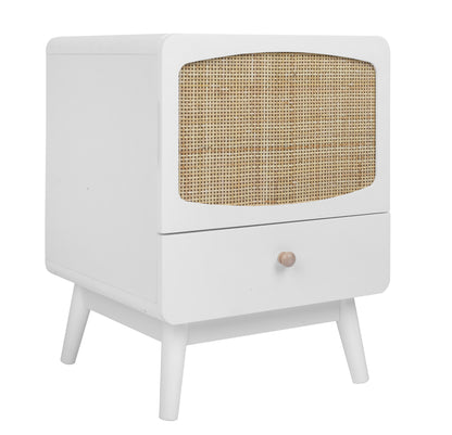 White Nightstand,  Bedside Table with Storage Drawe/ Rattan Door