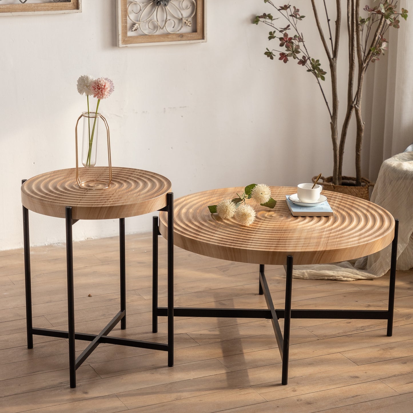 Modern  Thread Design Round Coffee Table ,  MDF  Table Top with Cross Legs Metal Base(Two-piece Set)