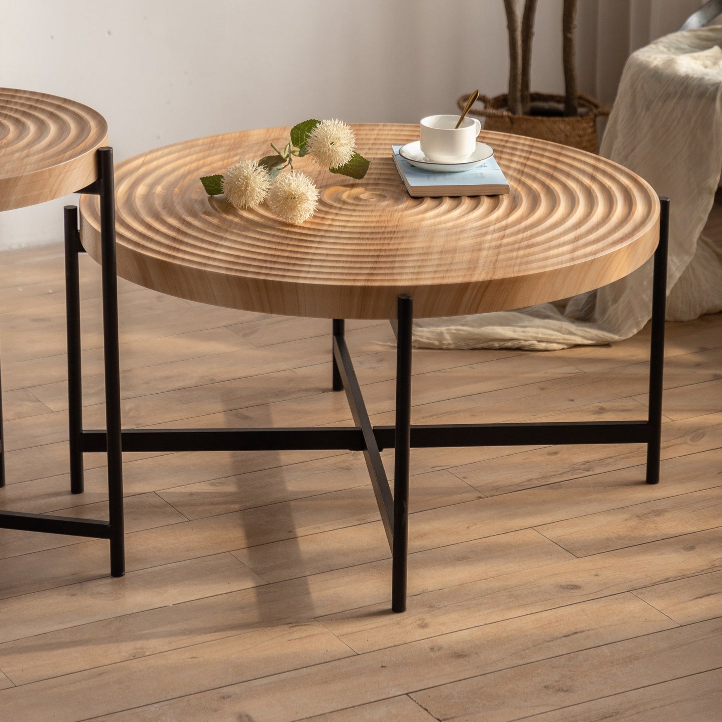 Modern  Thread Design Round Coffee Table ,  MDF  Table Top with Cross Legs Metal Base(Two-piece Set)