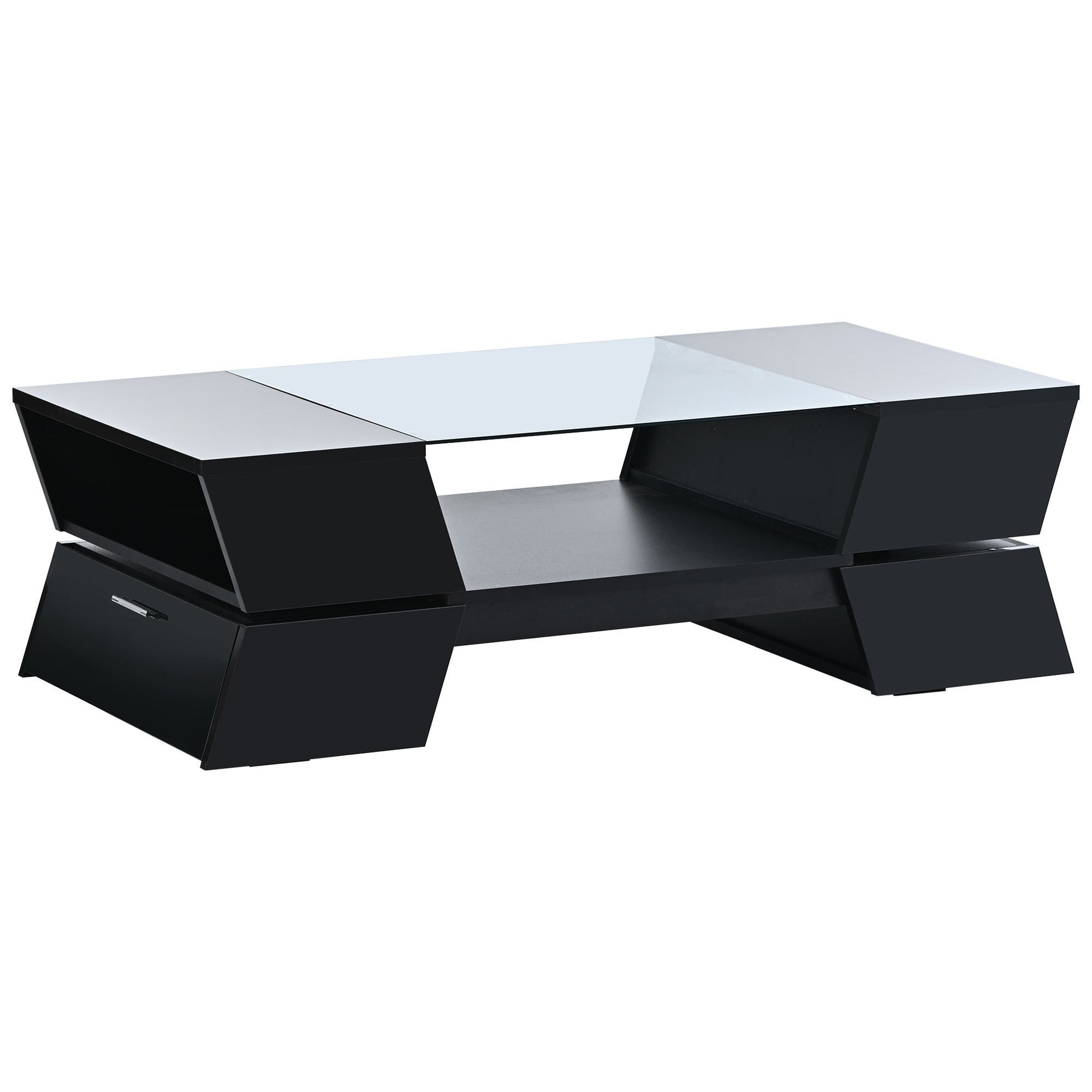 ON-TREND 6mm Glass-Top Coffee Table with Open Shelves and Cabinets, Geometric Style Cocktail Table with Great Storage Capacity, Modernist 2-Tier Center Table for Living Room, Black