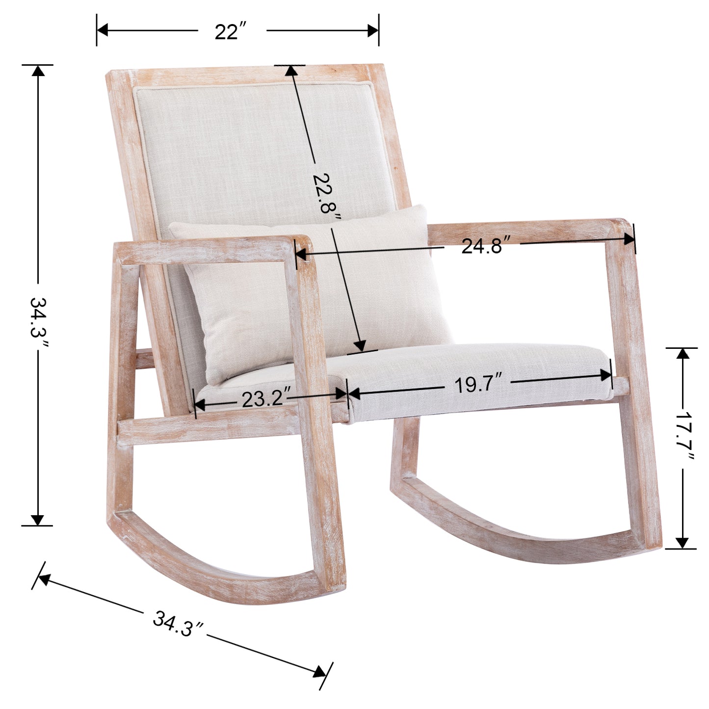 Solid wood linen fabric antique white wash painting rocking chair with  removable lumbar pillow