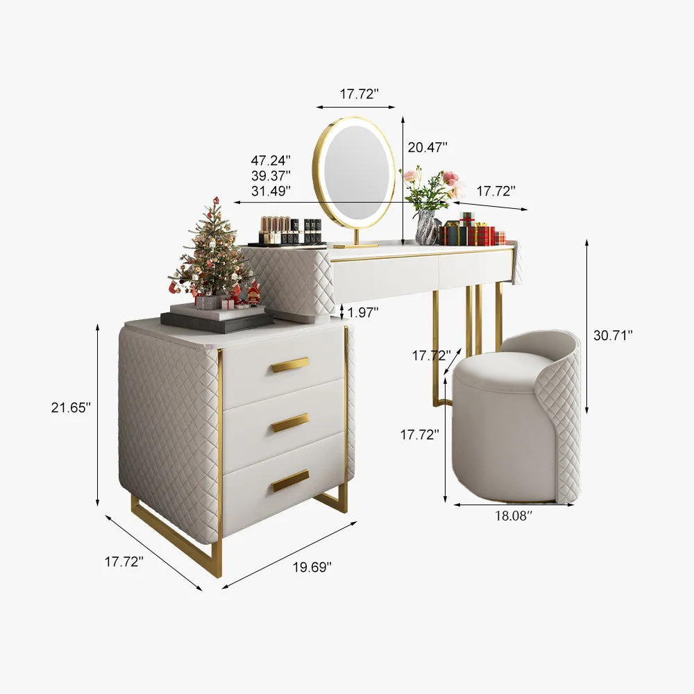 Luxury Makeup Vanity Set with LED Lighted Mirror, Side Cabinet and 5 Drawers, Modern Sintered Stone Dressing Table with Stool, 39.5", White