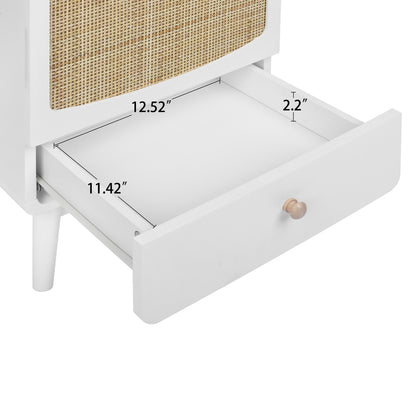 White Nightstand,  Bedside Table with Storage Drawe/ Rattan Door