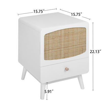 White Nightstand,  Bedside Table with Storage Drawe/ Rattan Door