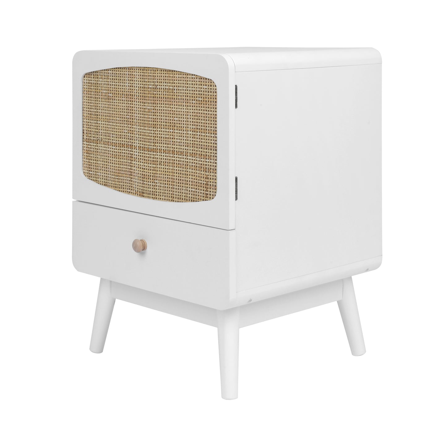 White Nightstand,  Bedside Table with Storage Drawe/ Rattan Door