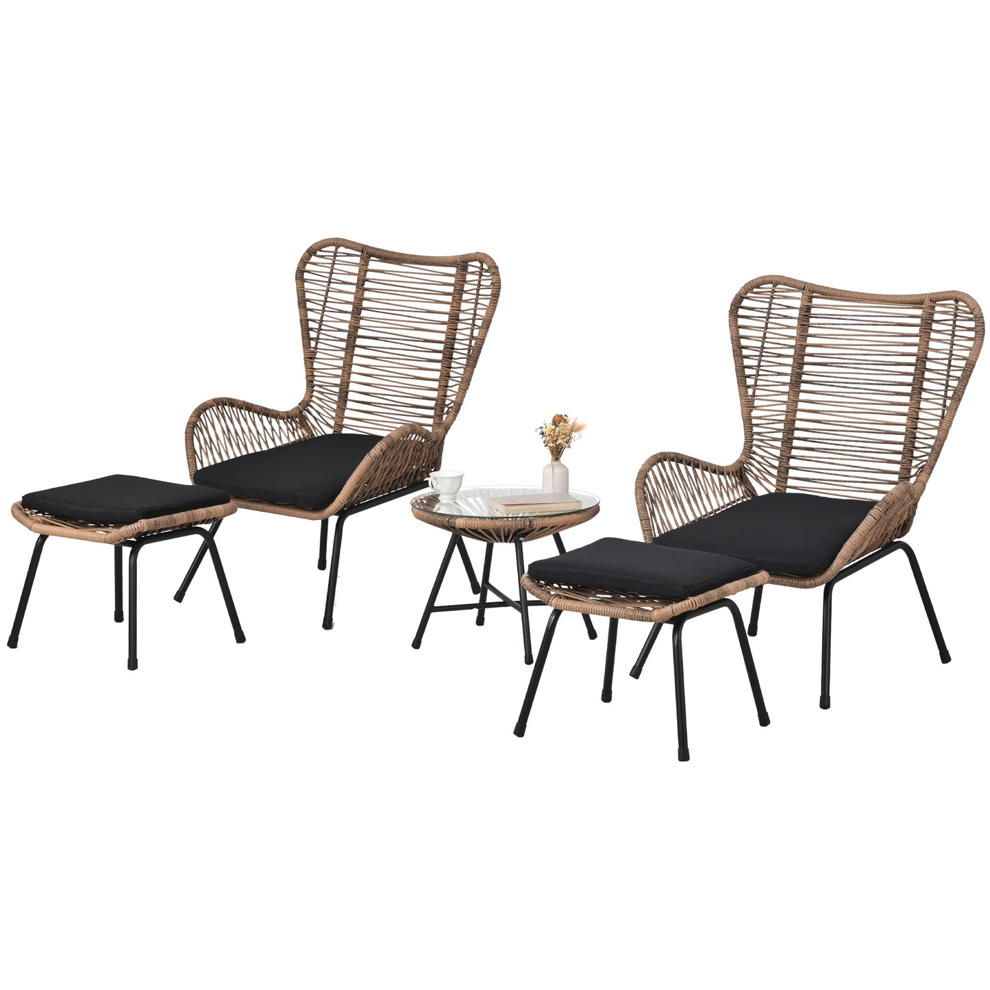 TOPMAX Outdoor Patio 5-Piece Rattan Conversation Set, PE Wicker Arm Chairs with Stools and Tempered Glass Tea Table for Balcony, Natural Rattan+Dark Gray